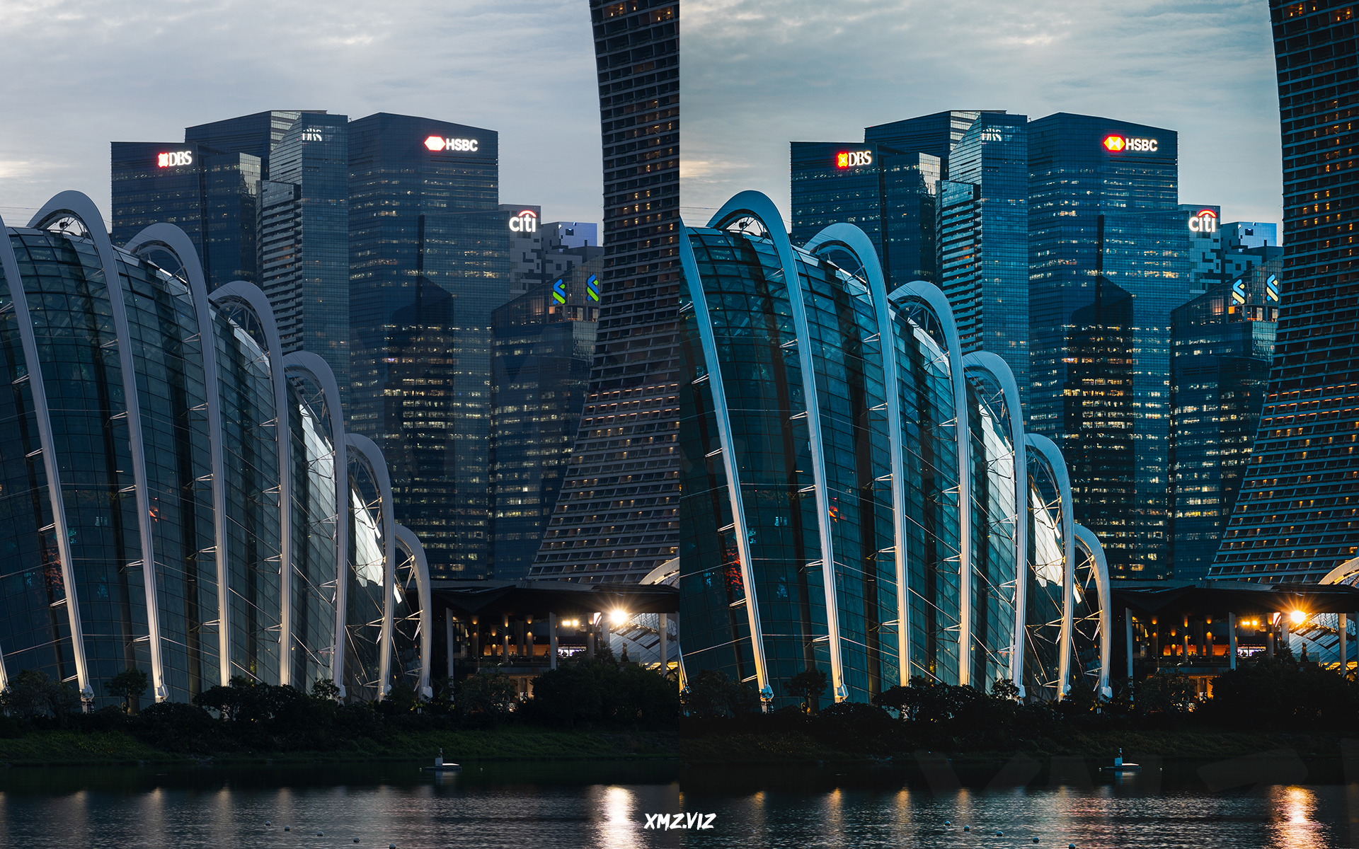 before and after photo of Marina Bay in Singapore
